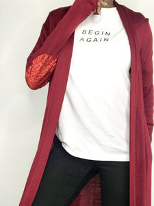 Long Cotton Cardigan With Sequins Elbow Patches - Burgundy - Soft and Comfortable 