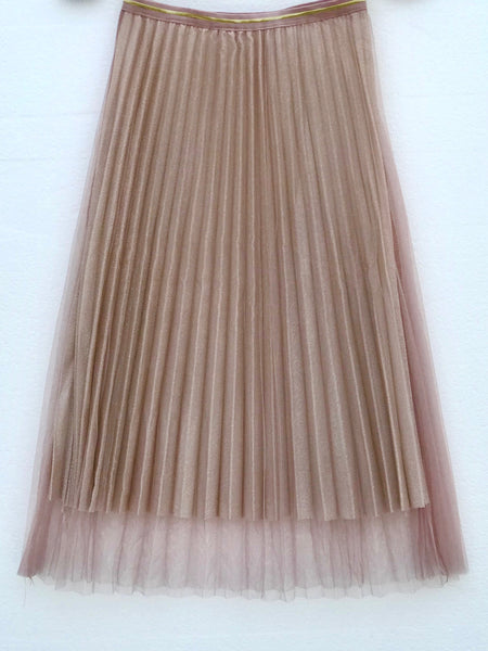 Pleated Metallic Dust Midi Skirt with gold-trimmed elastic waistband, versatile style for casual to office wear, in Black and Mauve, sizes XS-L