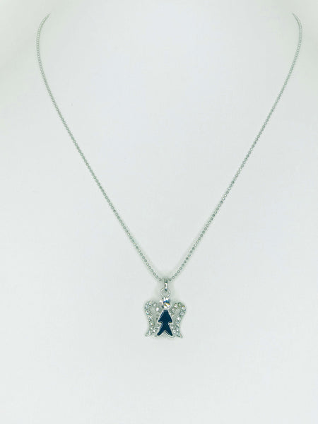 Angelic Spark Necklace with rhinestone wing pendant, nickel-free, scratch-resistant design, available in white and black, perfect for elegant and bold looks.