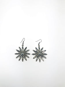 Silver Sunburst Earrings with a grey pearl center and radiant floral-inspired design, lightweight and elegant for any occasion.
