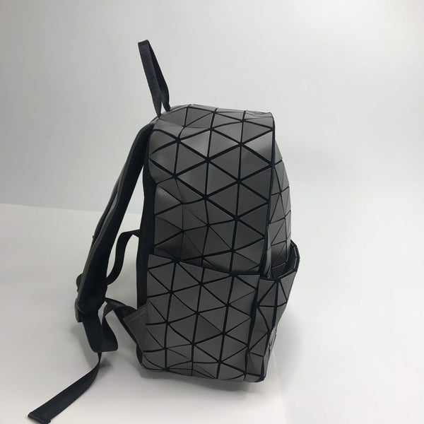 Charcoal Cosmos Backpack with bold triangle designs, interior zipper, and trendy style for everyday utility and adventure.