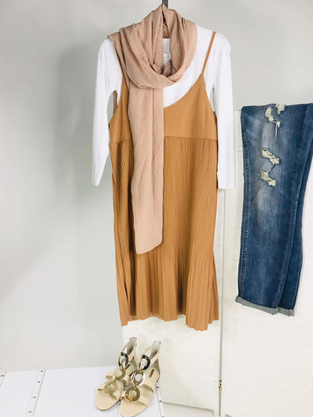 StylePlay Two-Piece Set featuring pleated camisole in Camel with white mid-sleeve shirt, lightweight fabric, versatile styling option.
