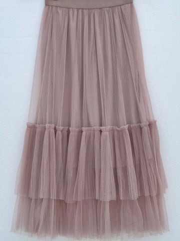 Mauve Ruffled Midi Skirt with cascading layered design, elastic waistband, feminine style for day and evening events, sizes XS-L