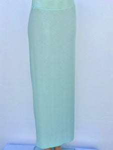Calm Drift Aqua Maxi Skirt with flowing A-line silhouette and stretch waistband, soft cotton-blend fabric, also available in grey.