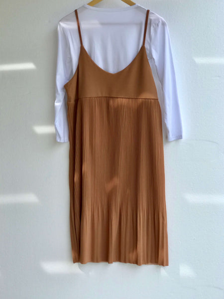 StylePlay Two-Piece Set featuring pleated camisole in Camel with white mid-sleeve shirt, lightweight fabric, versatile styling option.