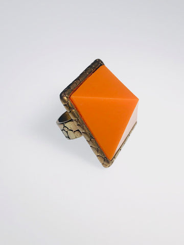 Geometric orange pyramid ring with a textured antique-style band, nickel-free, bold design, and perfect for unique jewelry lovers.