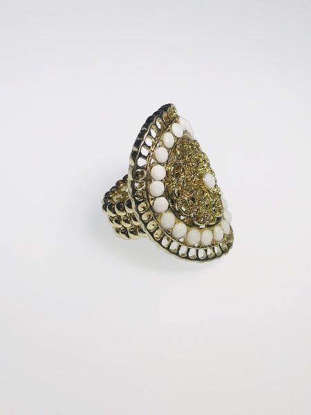 Golden Grace stretch ring with gold filigree and pearl accents, vintage-inspired design, perfect for parties or everyday elegance.