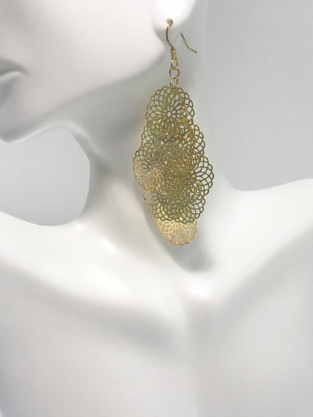 Gold Filigree Layered Earrings displayed on a mannequin, showcasing intricate floral patterns and cascading design in lightweight gold-tone metal.