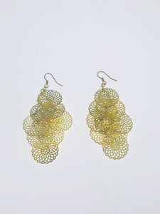 Gold Filigree Layered Earrings with intricate lace-like floral patterns, cascading design, and lightweight gold-tone metal for elegant occasions.