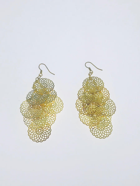 Gold Filigree Layered Earrings with intricate lace-like floral patterns, cascading design, and lightweight gold-tone metal for elegant occasions.