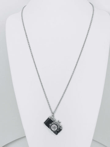 Camera charm necklace with sparkling rhinestone lens. Lightweight, durable, and perfect for photographers or daily wear.