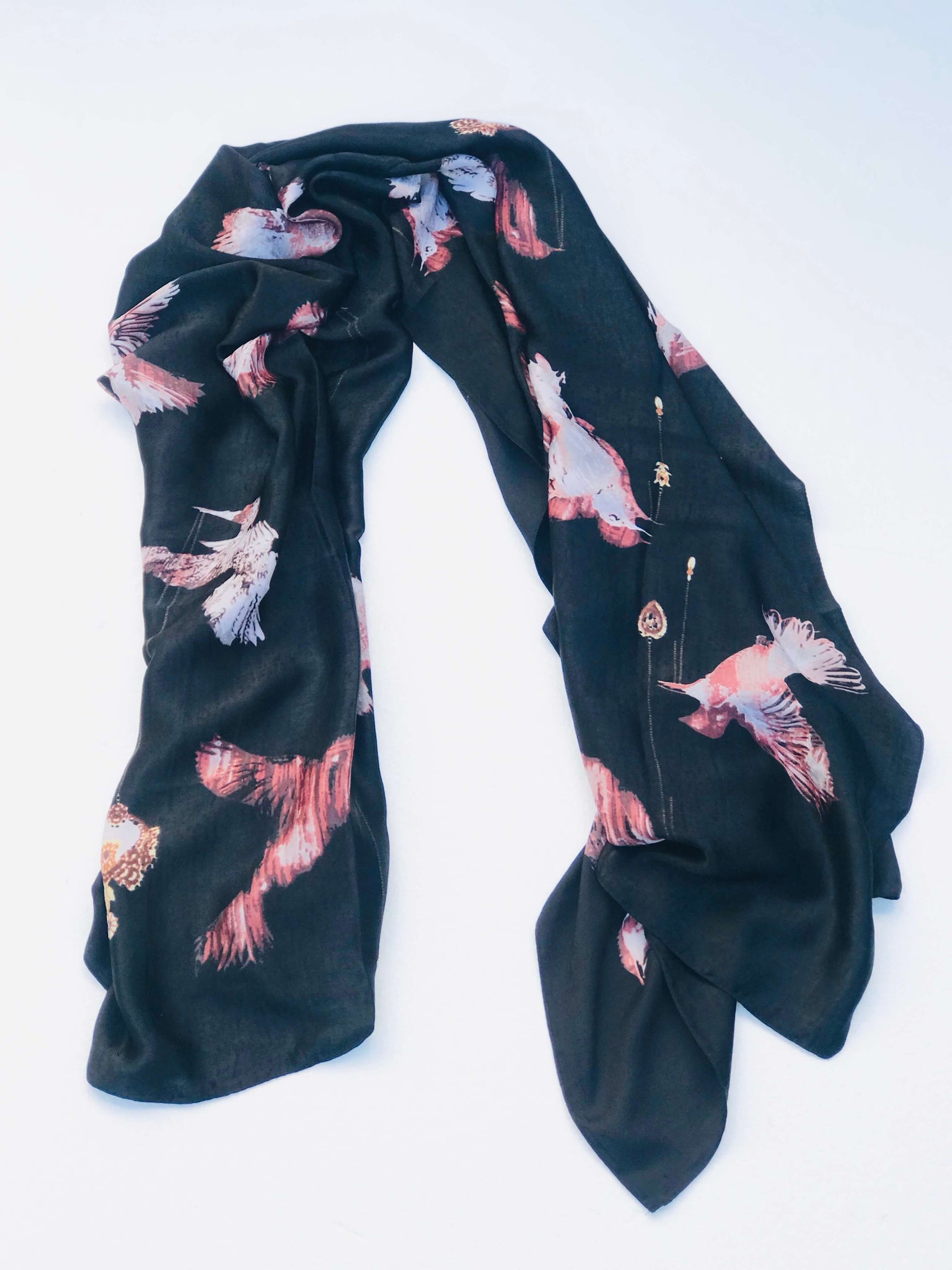 Black Silk Scarf With Bird Design